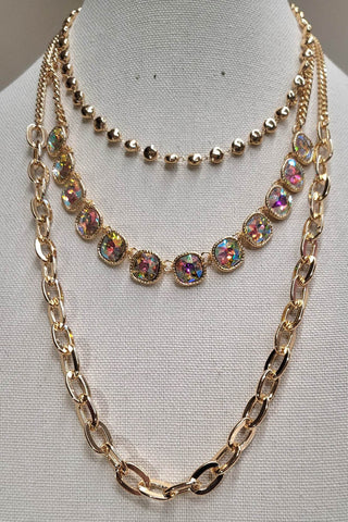 Gold Link, Bling Rhinestones, 3 Strand Layer Necklace