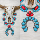 Turquoise and Coral Red Stone Squash Style Necklace Set