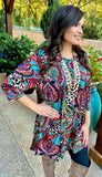 S/2X  : Turquoise Multi Paisley & Leopard Flutter Tunic