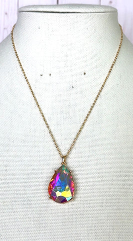 Bling AB Crystal Teardrop Pendant on gold chain