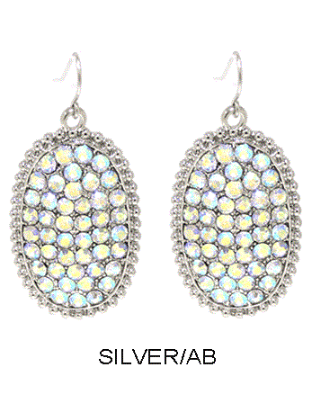 Medium size: Silver Oval AB Rhinestone Earring Studded Border