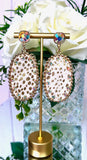 White Hair on Hide Oval Earrings with Gold Trim & Bling