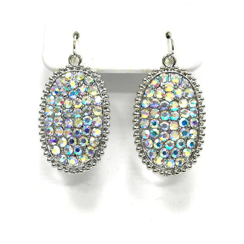 Medium Oval AB Rhinestone Earring Silver Tone Border