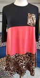 S-M-L : Black, Coral, and Leopard Color Block Flutter Tunic with Pocket