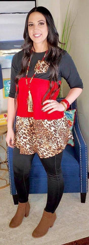 Black, Red, Leopard Color Block Flutter Tunic with Pocket
