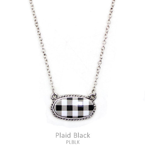 Black & White Plaid Tiny Oval Necklace