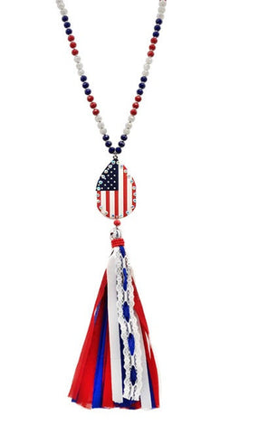 Red White Blue Crystal Necklace with Bling Flag Pendant & Lace Ribbon Tassel