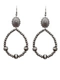 Silver Dangle Concho, Navajo Pearl Beaded, Teardrop Outline Earrings