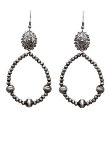 Silver Dangle Concho, Navajo Pearl Beaded, Teardrop Outline Earrings