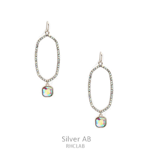 Silver AB Bling Thin Outline Oval Earrings with Rhinestone charm