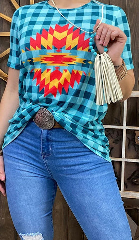 Turquoise Plaid Top with TRIBAL graphic