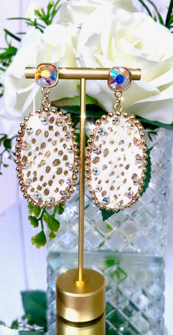 White Hair on Hide Oval Earrings with Gold Trim & Bling