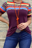 Plum Top with Tribal Stripes & leopard print short sleeves