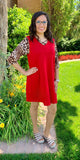 SMALL: Red Flutter Tunic with Leopard Sleeves & Criss Cross Neck