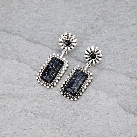 Western Drop Post Earrings with Silver Border & Black Rectangle Stone