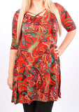 S, M, L,: Rust Paisley Flutter Dress with Criss Cross Neck
