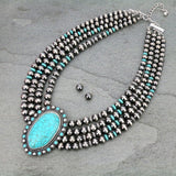 Silver Navajo Pearl & Turquoise 4 Strand Necklace with Oval Stone Pendant