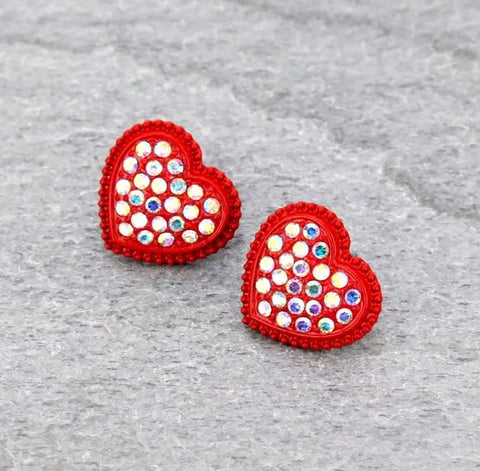 Red Heart stud earrings with bling AB Rhinestones