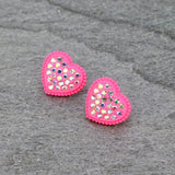 Neon Pink Heart stud earrings with bling AB Rhinestones