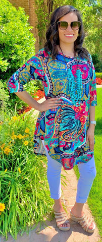 SM/MED *Turquoise, Mustard, Pink Paisley Scoop Tunic Top
