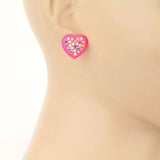 Neon Pink Heart stud earrings with bling AB Rhinestones