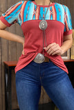 Rust Red Top with Turquoise Tribal short sleeves