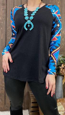 Black Top with Blue Tribal long sleeves