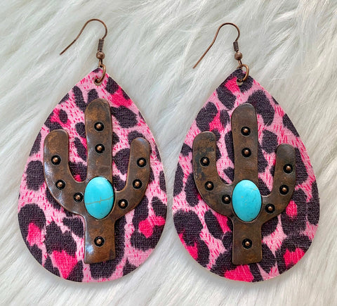 * Pink Leopard Teardrop Earrings with Copper Turquoise Stone Cactus
