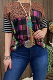 Colorful Plaid & Leopard on Top with Stripe Short Sleeves