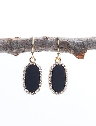 Tiny Black Oval Earrings with Bling Border