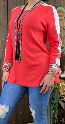 Coral Red Top with white floral stripe long sleeves