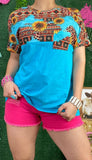 Turquoise Top with sunflower/ tribal/leopard designs & pocket