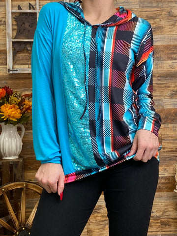 Turquoise Sequin & Plaid Hoodie