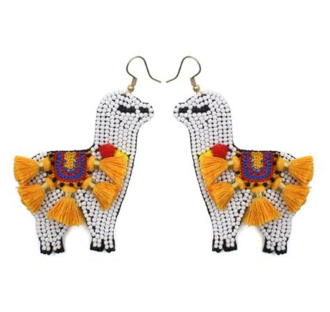 White Beaded Llama Earrings with Yellow Tassels