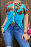 Turquoise Top with sunflower/ tribal/leopard designs & pocket