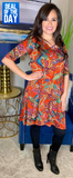 S, M, L,: Rust Paisley Flutter Dress with Criss Cross Neck