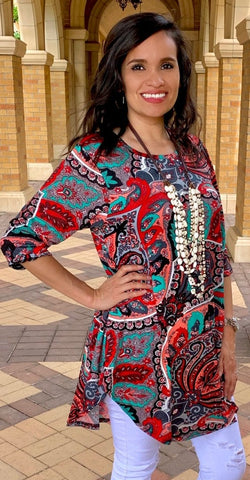 SMALL : Red, Grey, Mint Paisley Scoop Tunic